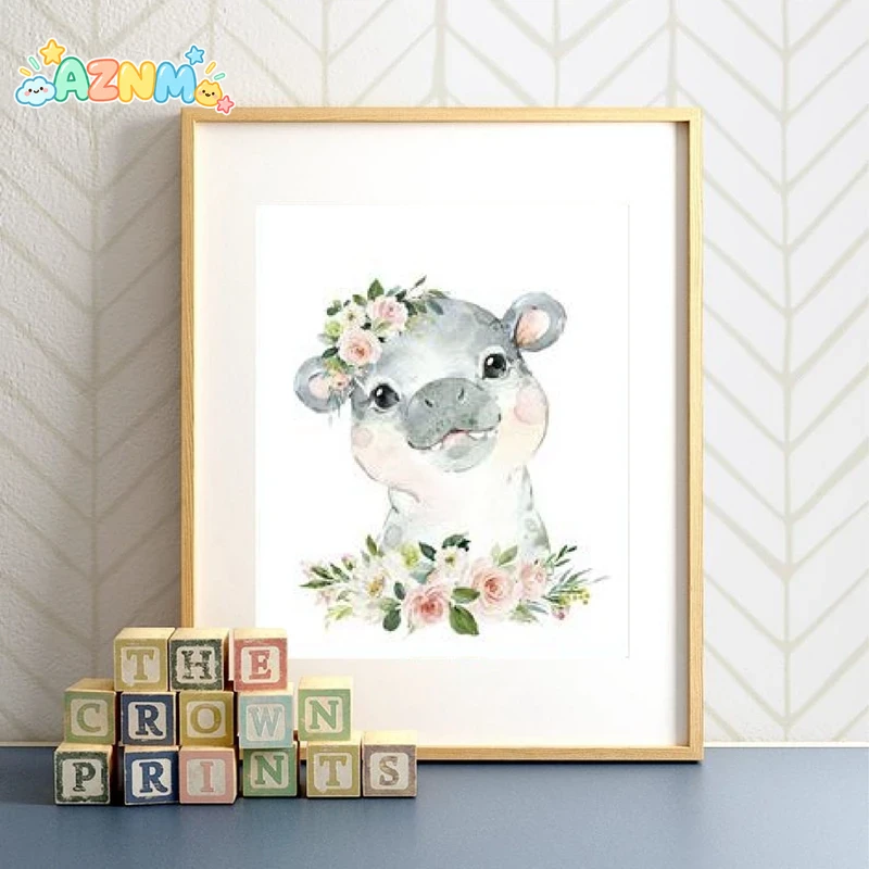 Baby Nursery Jungle Animals - 花柄のジャングル動物のキャンバスプリント、子供部屋の装飾に。象とキリンの絵、北欧風のポスター、女の子の部屋に。