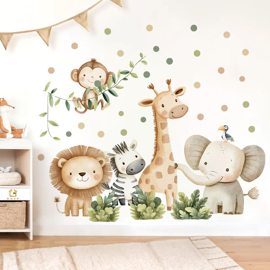 Baby Nursery Wall Stickers - 自由奔放に生きる森の動物ウォールステッカーキッズルーム用男の子女の子ベビールーム装飾保育園壁紙象キリン猿ライオン