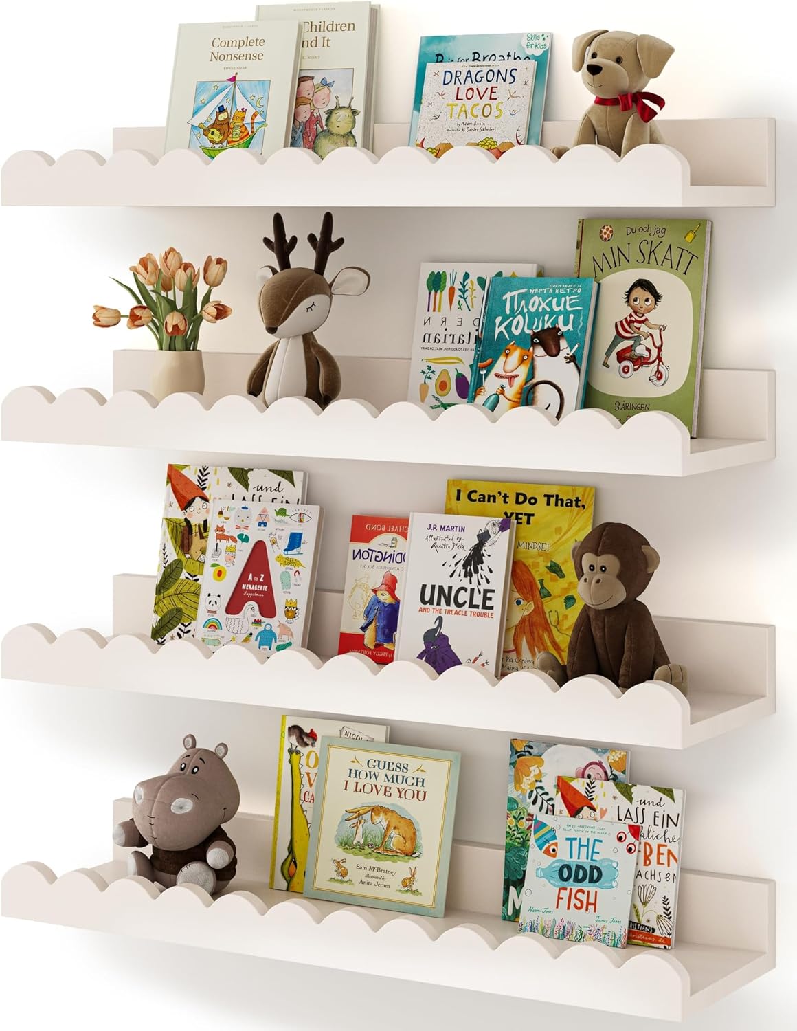 Baby Nursery Bookshelf - 白い波型のフローティングキッズブックシェルフ4個セット、壁掛け式の子供部屋用ブックディスプレイ棚、幼児部屋、ベビールーム、子供部屋の装飾に。