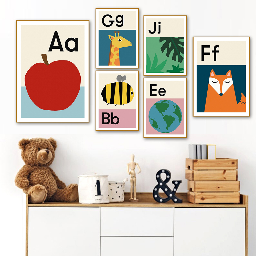 Baby Nursery Images Free - 漫画 ABCD アルファベットポスター教育キャンバス絵画文字動物画像保育園壁アートプリント画像北欧ベビールーム装飾
