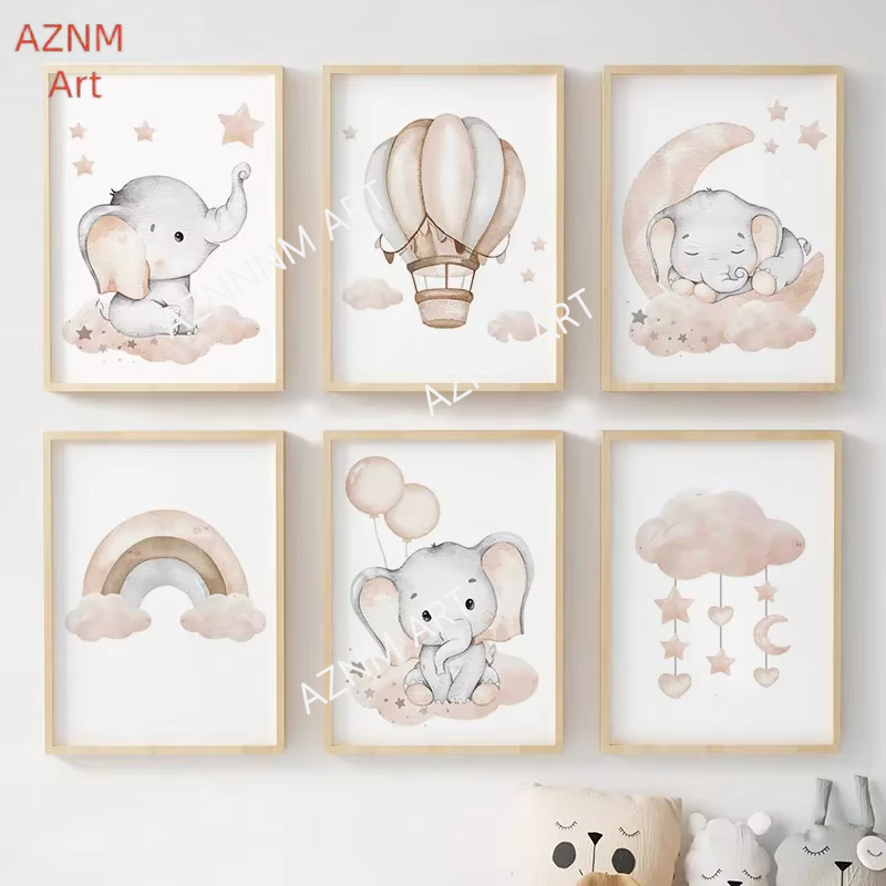 Baby Nursery Artwork - 象バルーン虹月星雲スイングベビーキッズポスター壁アート保育園キャンバスプリントホームルーム装飾写真