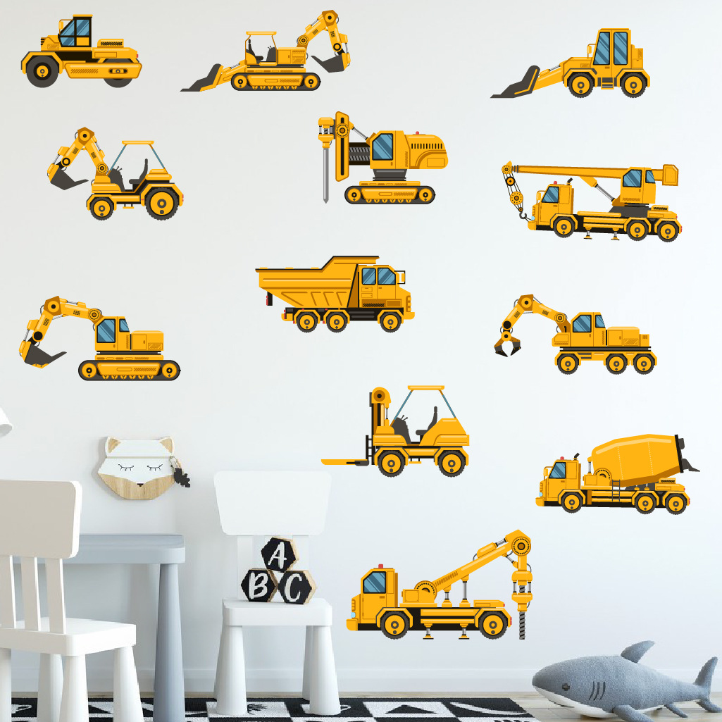 Baby Nursery Wall Stickers - 漫画ショベルエンジニアリング車の壁のステッカー自己粘着子供部屋の壁飾りベビー保育園キッズルームステッカーポスター