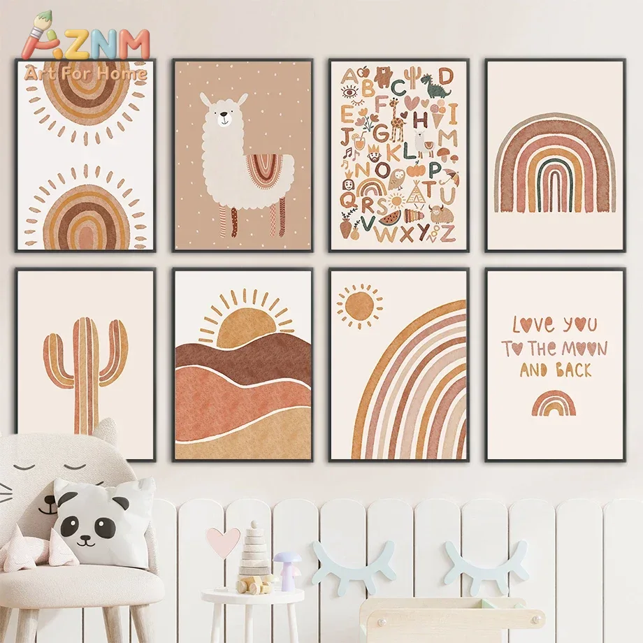Baby Nursery Jungle Animals - アルパカ、ユニコーン、太陽、虹、サボテンをモチーフにした、北欧風の壁掛けアート、キャンバス絵画、ポスター、プリント、子供部屋やベビーベッドの部屋に飾るのに最適な壁飾り。