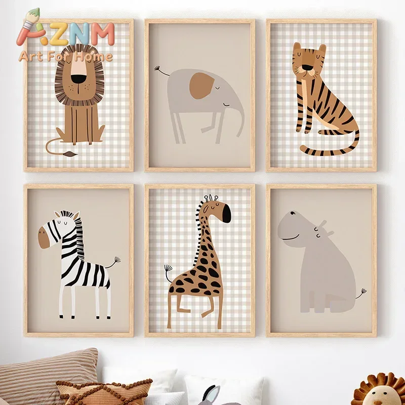 Baby Nursery Jungle Animals - ライオン、トラ、ゾウ、キリン、ジャングル動物をモチーフにした、子供部屋の壁飾りとして使えるキャンバス絵画、ポスター、プリント、壁掛け絵画。