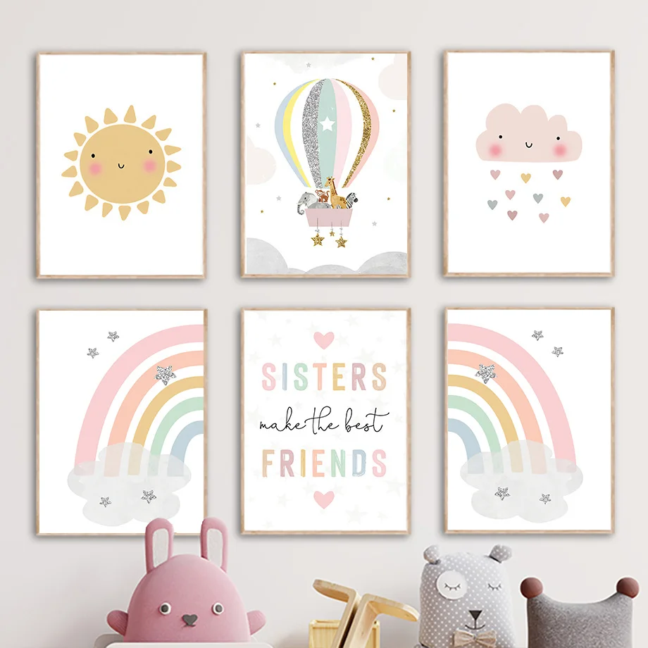 Baby Nursery Artwork - キリン象熱気球太陽虹保育園北欧ポスターやプリント壁アートキャンバス絵画画像ベビーキッズルーム装飾