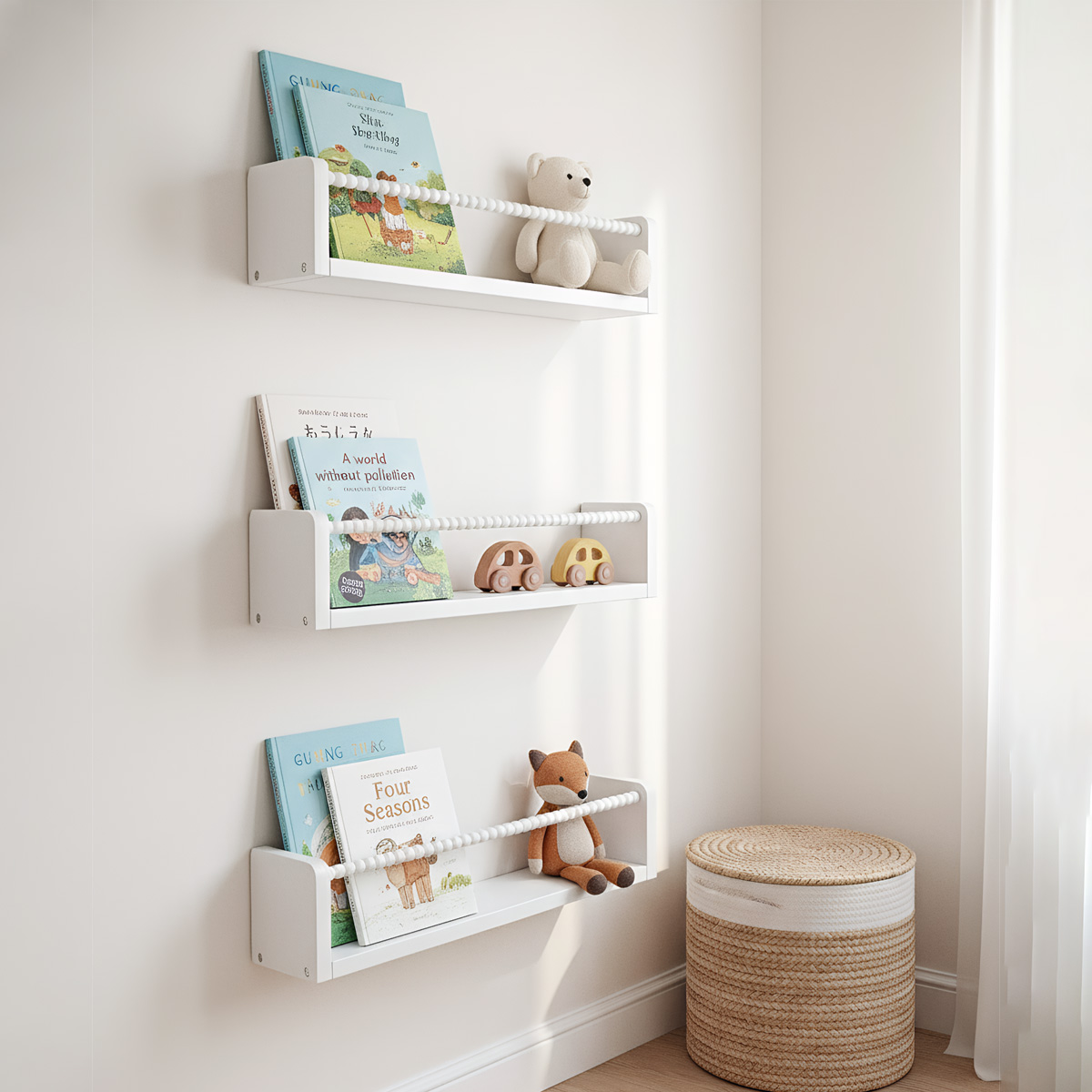 Baby Nursery Bookshelf - 保育園用本棚、15.7インチ木製壁掛け本棚3個セット、ベビーキッズデコレーション、無垢材壁掛け棚