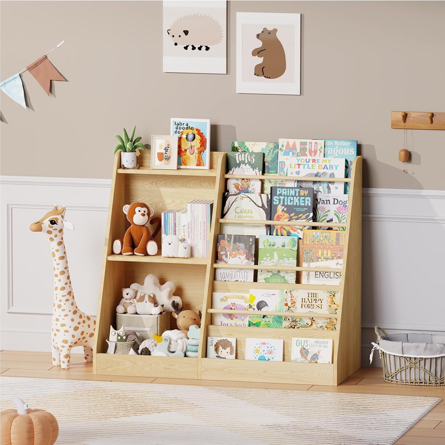 Baby Nursery Bookshelf - 子供用本棚収納 モンテッソーリ前面開き本棚 5段ベビー本棚 おもちゃ収納 幼児部屋 保育園