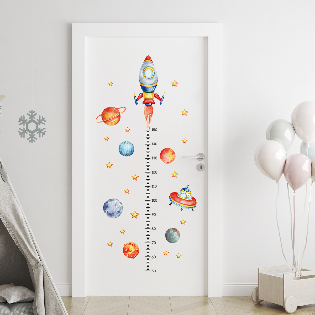 Baby Nursery Wall Stickers - 漫画の惑星ロケット高さ測定ウォールステッカーキッズルーム赤ちゃん男の子ルーム高さローラー成長チャート壁飾り壁画