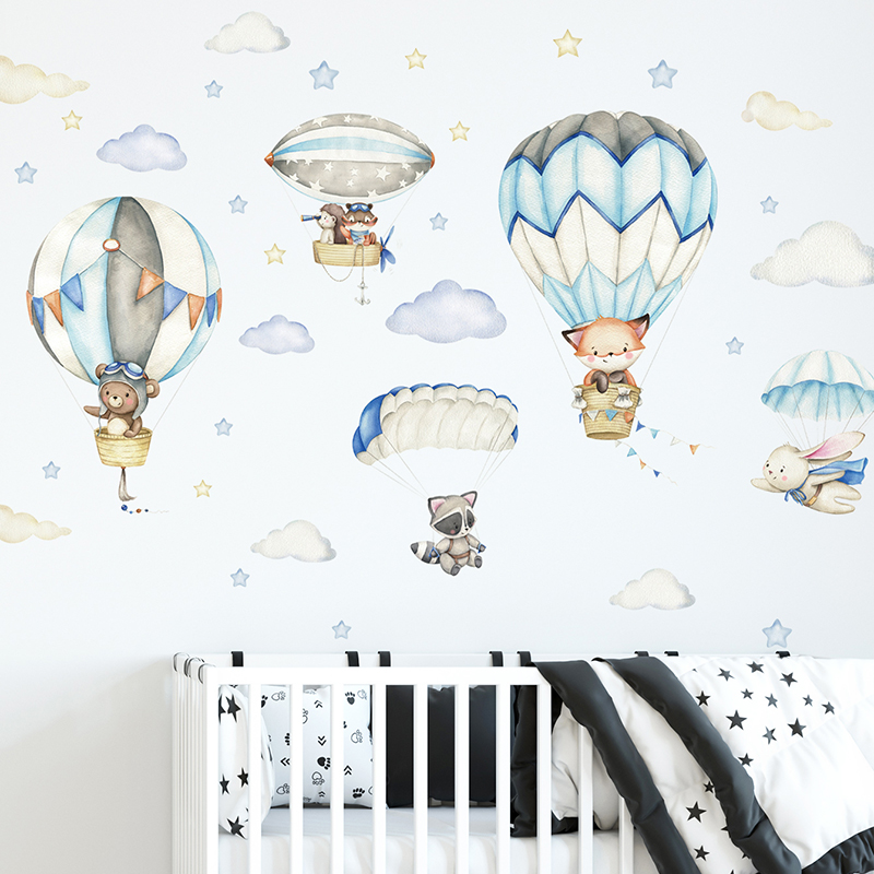 Baby Nursery Wall Stickers - 漫画かわいい動物熱気球ウォールステッカーキッズルームベビー保育園ルーム壁飾り寝室の装飾家の装飾 PVC