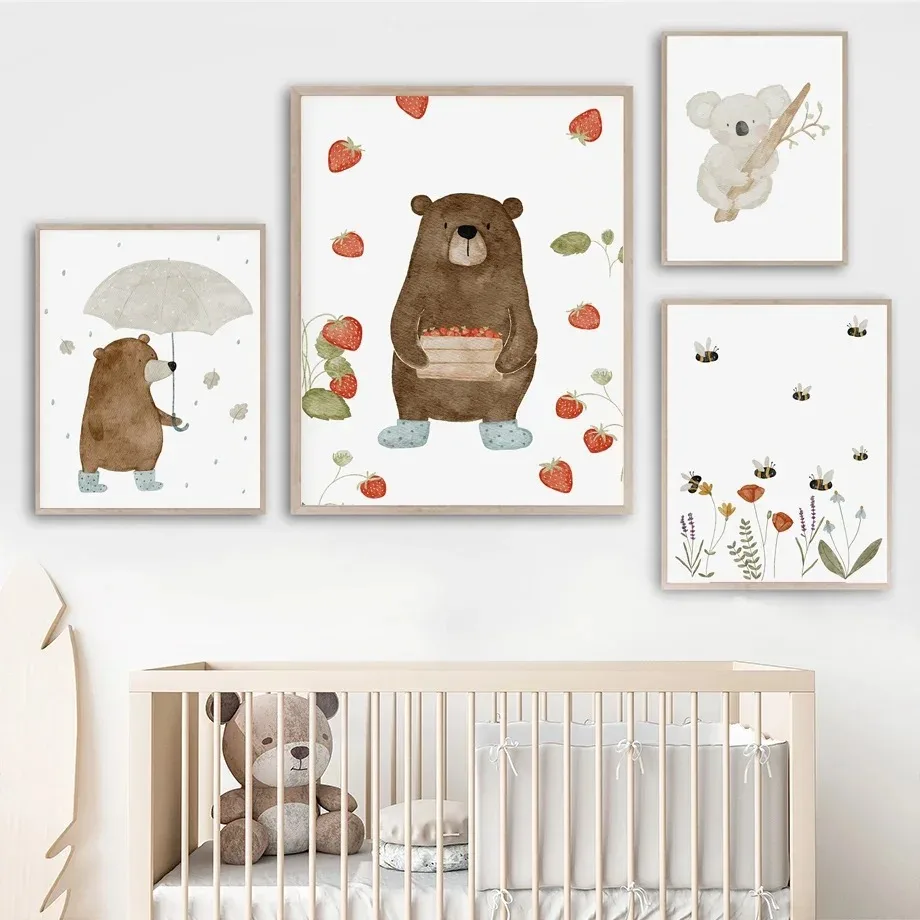 Baby Nursery Artwork - かわいいボヘミアン風アニマルベアハリネズミコアラ蜂ウサギ保育園壁アートキャンバス絵画写真ベビーキッズ美的ルームデコレーション
