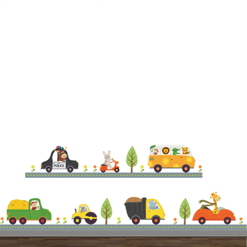 Baby Nursery Wall Stickers - 漫画の動物の車のウォールステッカー,子供部屋の装飾,背景の装飾,取り外し可能なホームステッカー