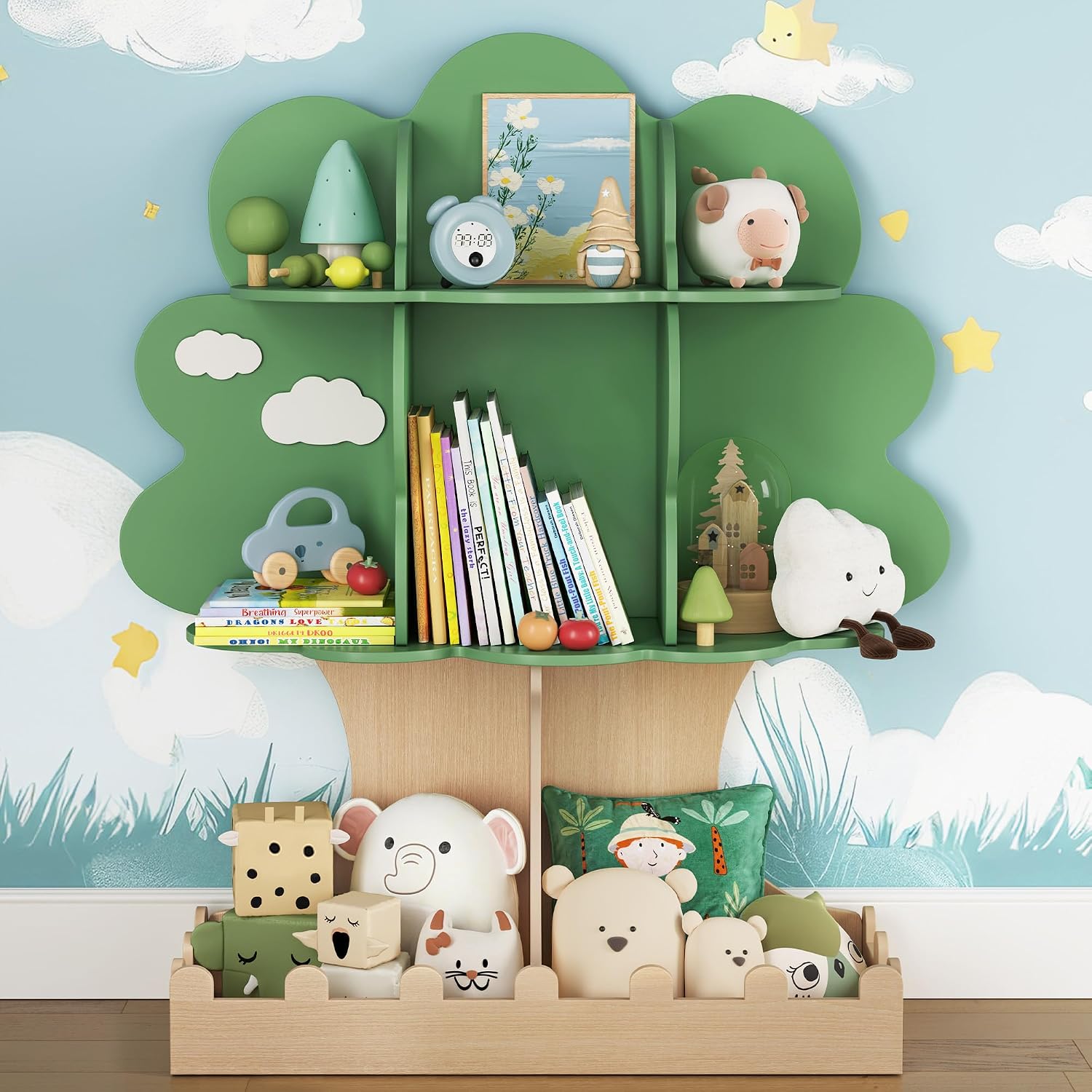 Baby Nursery Bookshelf - 幼児用ツリー型本棚 ベビーモンテッソーリ木製ブックケース 子供部屋 保育園 寝室 プレイハウス