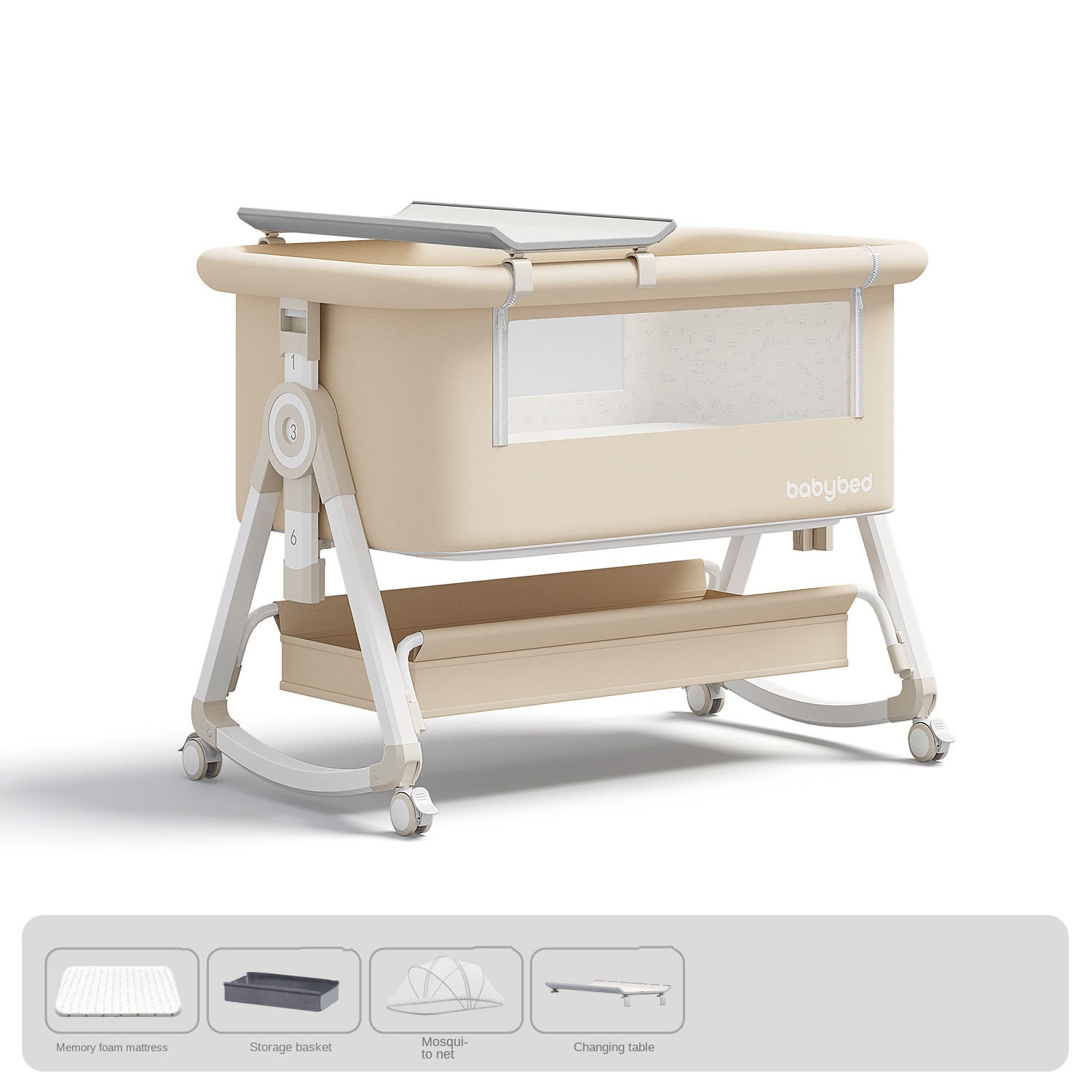 Baby Nursery Trolley - ベビーベッド、ポータブルで調節可能、折りたたみ式、マットレス、ホイール、収納バスケット、蚊帳、おむつ替え台付き