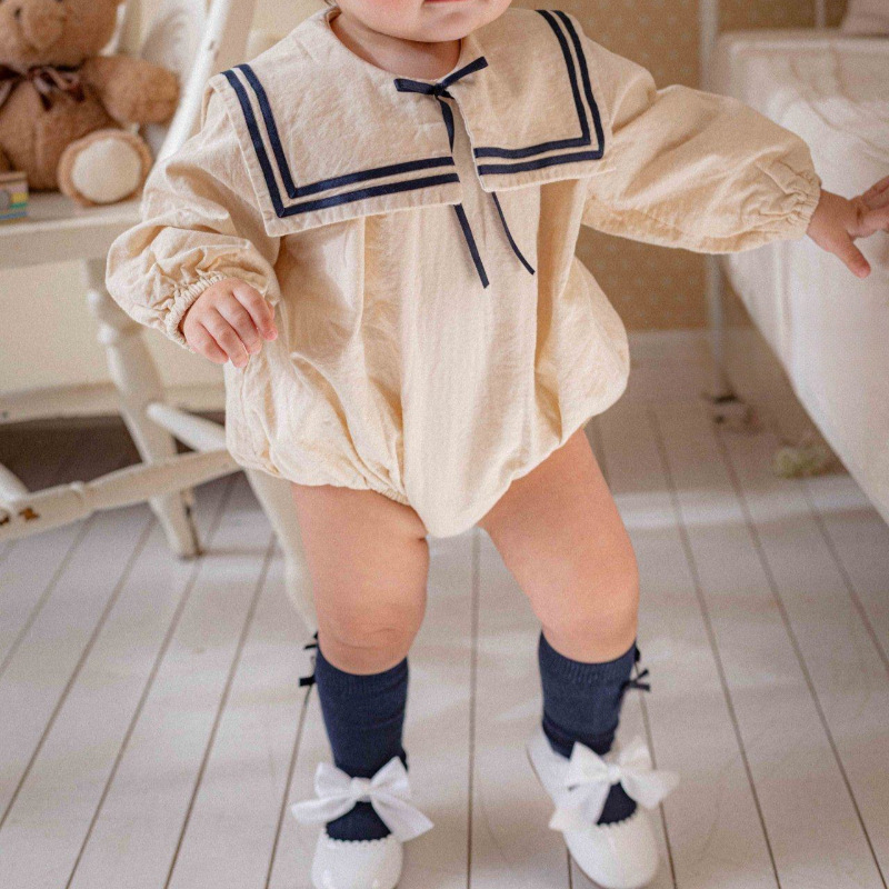Baby Nursery Ideas Boy - 2026 春夏新しいベビー長袖ボディスーツ固体男の子女の子かわいいセーラー襟ジャンプスーツ綿幼児服 0-24 メートル