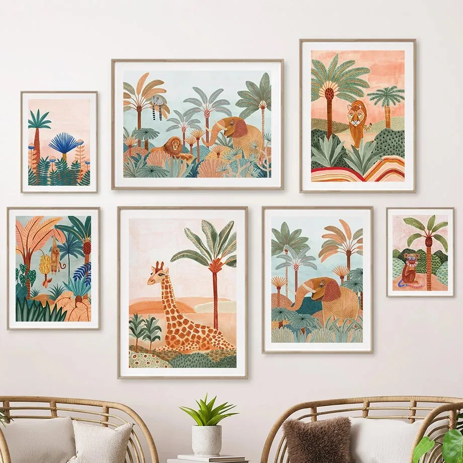 Baby Nursery Tree - 自由奔放に生きるジャングルの動物、虎、猿、キリン、ココナッツの木、キャンバス絵画ポスター、保育園の壁アートプリント、赤ちゃん子供部屋の装飾