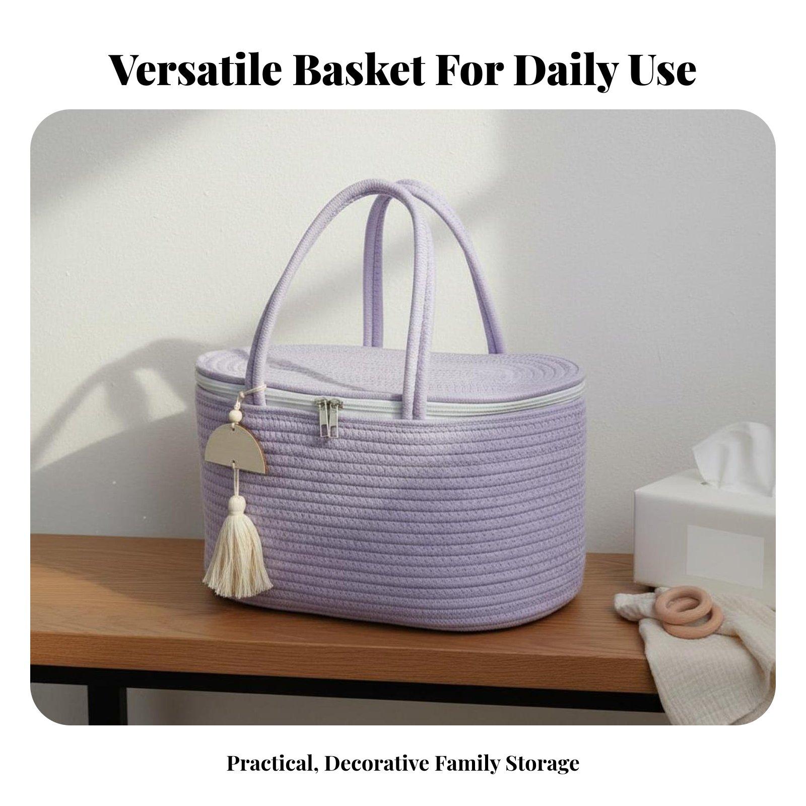 Baby Nursery Essentials - 綿ロープ製のベビー用品収納バスケット。持ち手付きで、持ち運びにも便利。おもちゃやベビー用品を整理するのに最適。