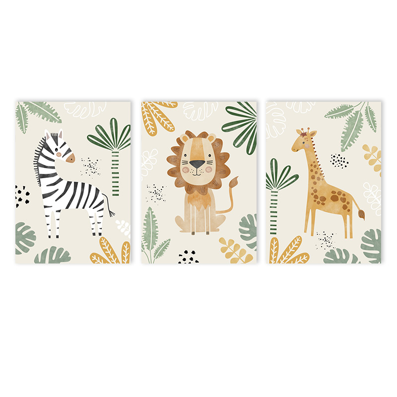 Baby Nursery Jungle Animals - （フレームなし3枚組）-かわいいライオンのキャンバス絵画、ジャングルの動物ウォールアートプリント、キリン、シマウマ、子供部屋ポスター、北欧風ウォールピクチャーベビー