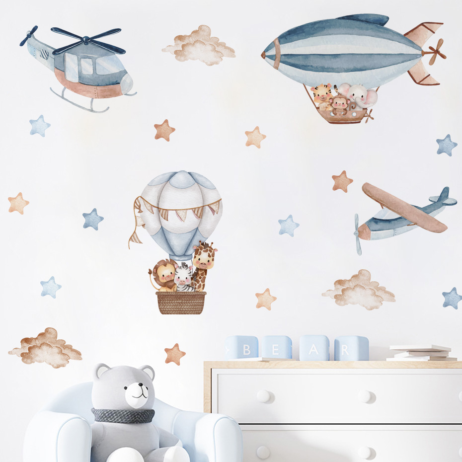 Baby Nursery Wall Stickers - 水彩動物熱気球雲ウォールステッカーキッズルームベビー保育園ルームウォールステッカー男の子ルームステッカーウォールステッカー