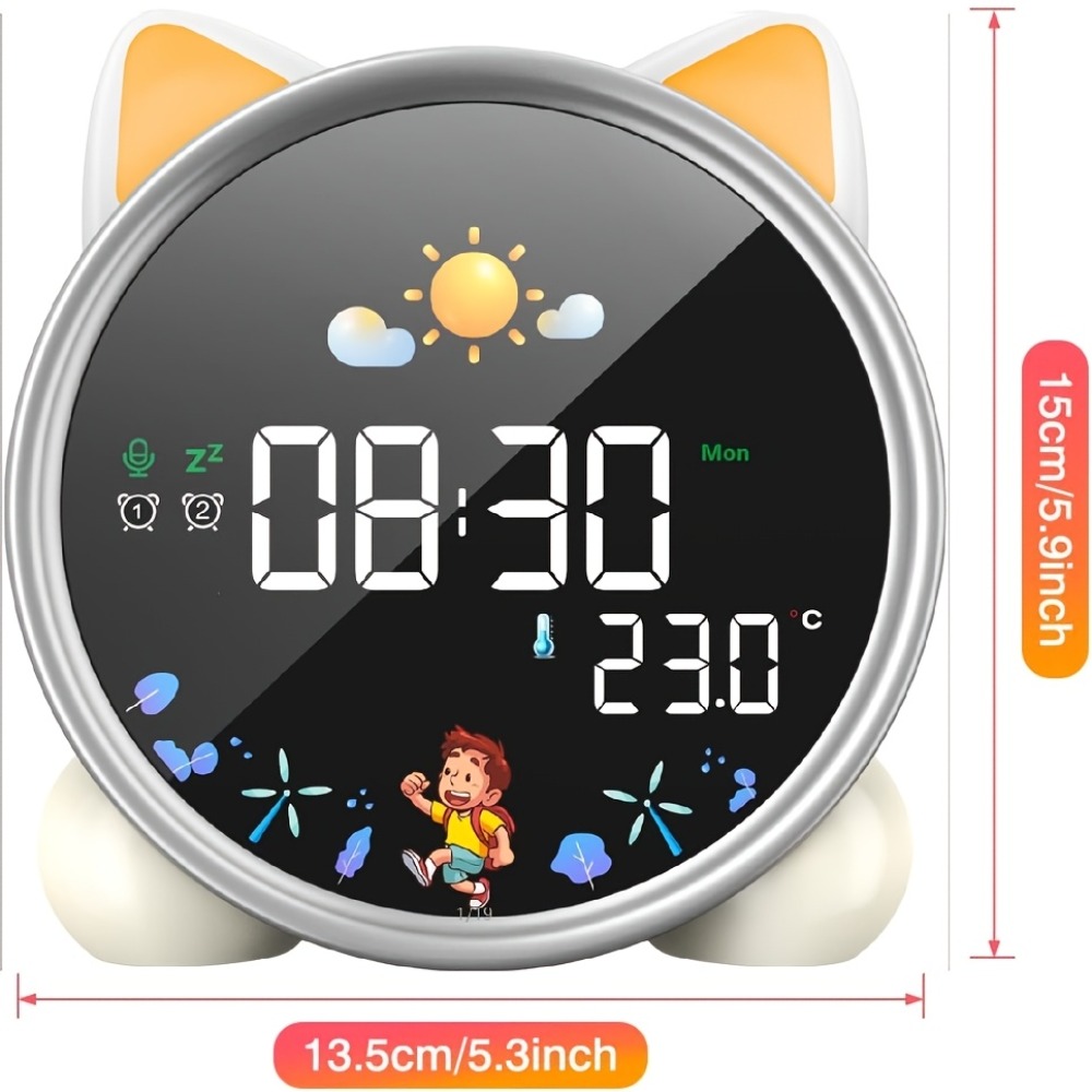 Sound Sleep Trainer Clock - 子供用目覚まし時計、起きやすくなるための睡眠トレーナー、ナイトライト、サウンドマシン、かわいい猫のデザイン、幼児向けの楽しい目覚まし時計、ギフト