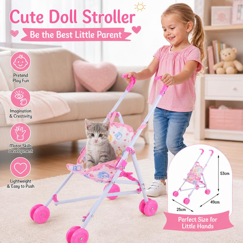Baby Nursery Trolley - ピンクのベビーカー、折りたたみ式手押し車、ごっこ遊び用おもちゃ、子供部屋の家具、女の子へのプレゼント