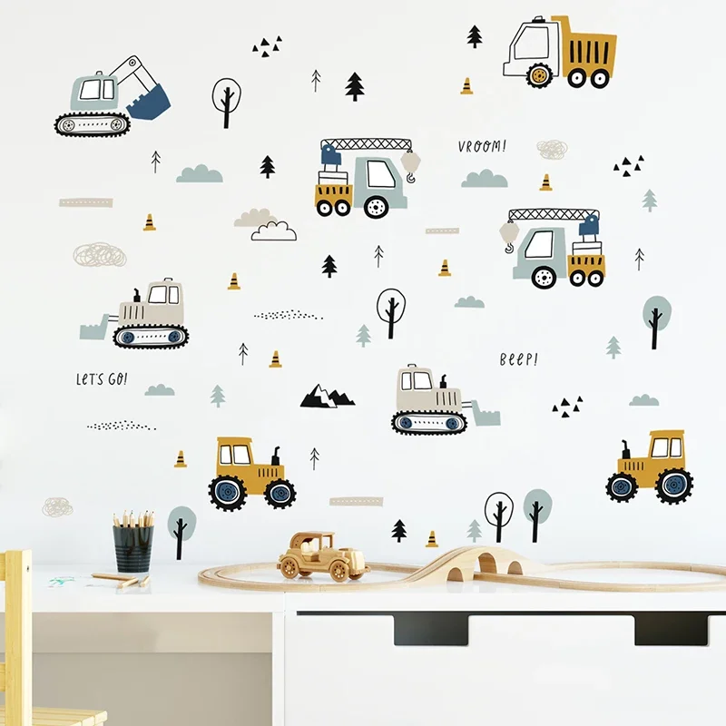 Baby Nursery Wall Stickers - 手描きのかわいい車貨物トラックの壁のステッカーキッズルーム車要素ベビーティーンルーム壁デカールプレイルーム幼稚園保育園