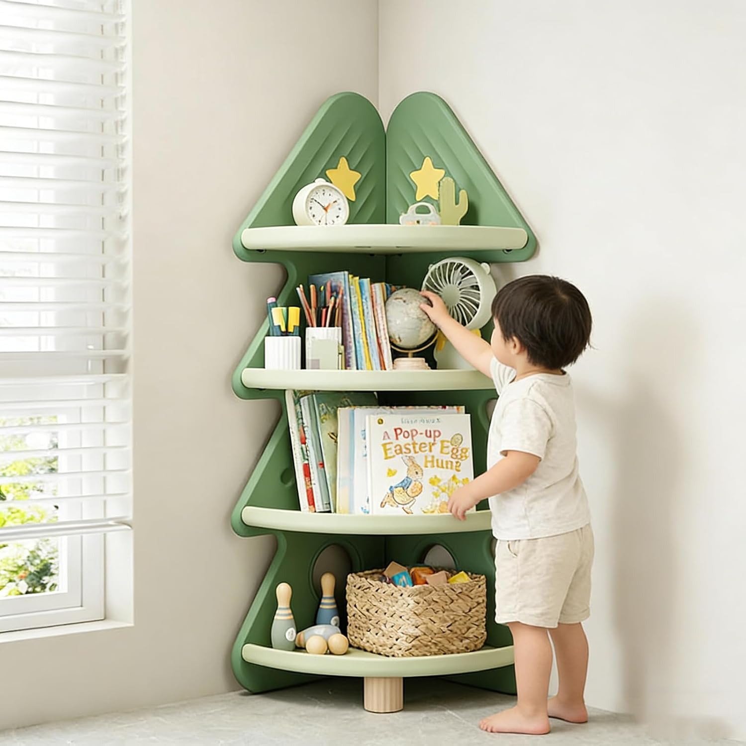 Baby Nursery Bookshelf - 4段コーナーブックシェルフおもちゃ収納オーガナイザーツリーブックケースモンテッソーリシェルフ子供部屋ベビーブックシェルフ保育園子供用読書棚