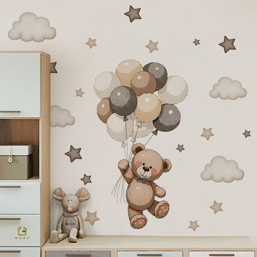 Baby Nursery Artwork - 愛らしいテディベアの壁用ステッカー、風船、星、雲付きの取り外し可能な装飾、子供の寝室、プレイルーム、ベビーナーサリー用
