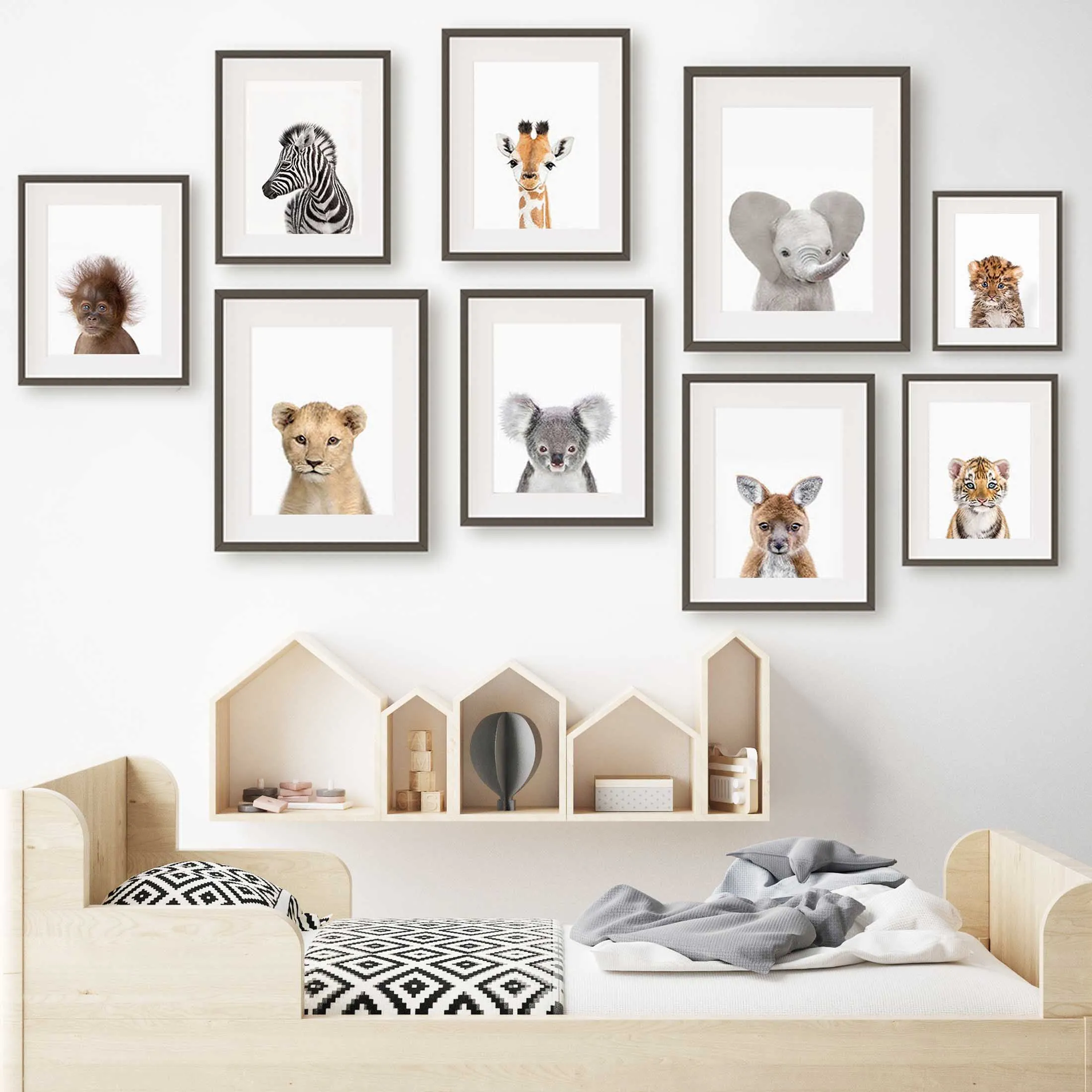 Baby Nursery Jungle Animals - フレームなしのキャンバス絵画1枚。動物をモチーフにした、子供部屋の壁飾りに最適なサファリジャングルの動物の絵。