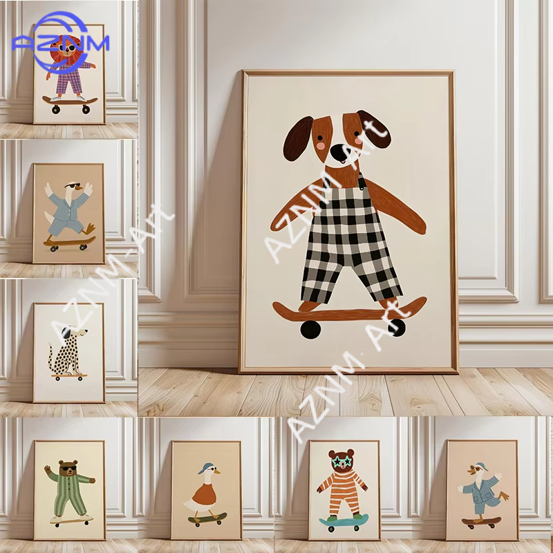 Baby Nursery Artwork - 1PC 面白い動物スケートボードポスタートレンディなガチョウアヒル犬スケートキャンバス絵画壁アートベビー保育室家の装飾用