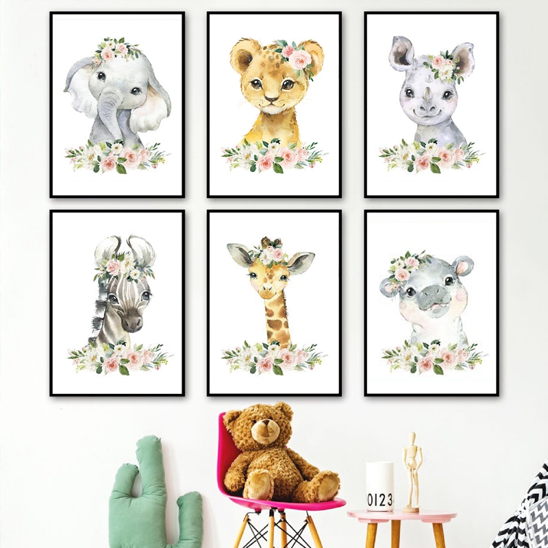 花柄ジャングル動物キャンバスプリント保育園装飾象キリン絵画壁 - Baby Nursery Jungle Animals のレビューと価格