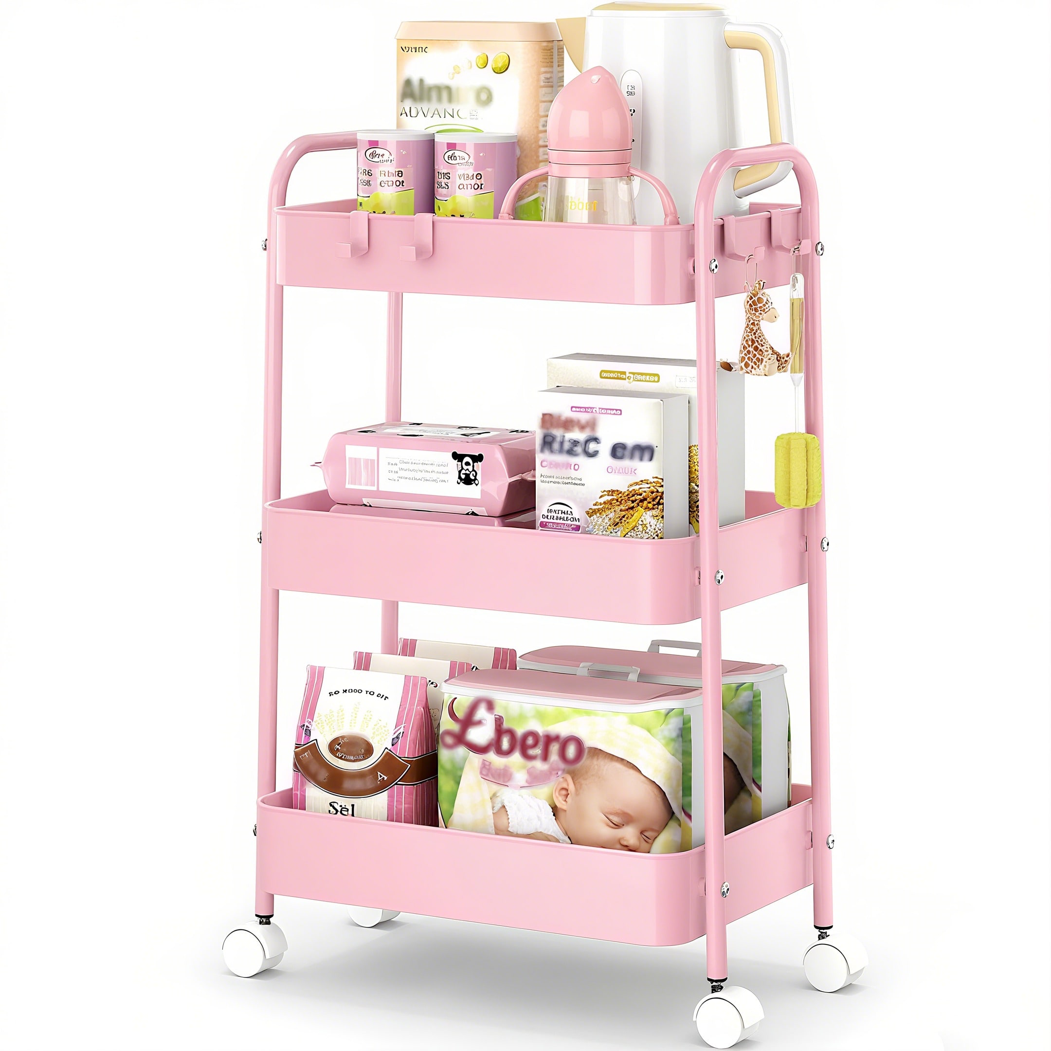 3段式メタルローリングカート（車輪付き）モダンなピンクのユー - Baby Nursery Trolley のレビューと価格