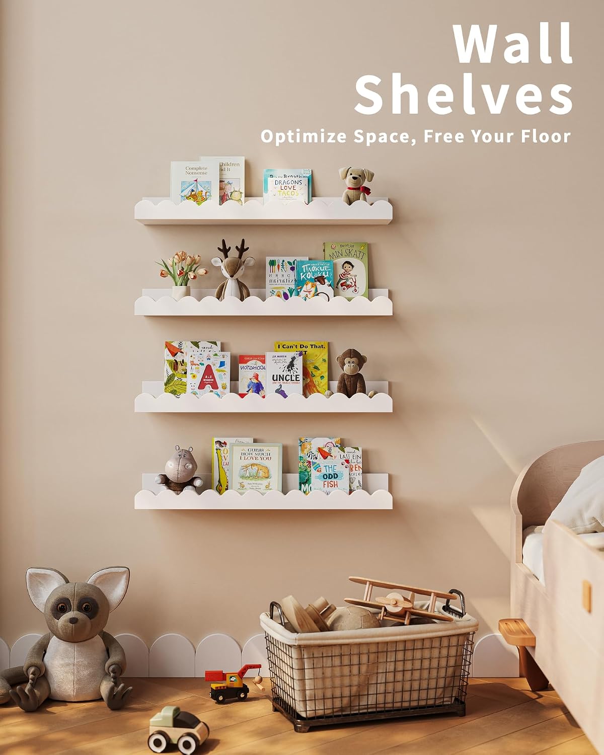 白い波型のフローティングキッズブックシェルフ4個セット、壁掛 - Baby Nursery Bookshelf のレビューと価格