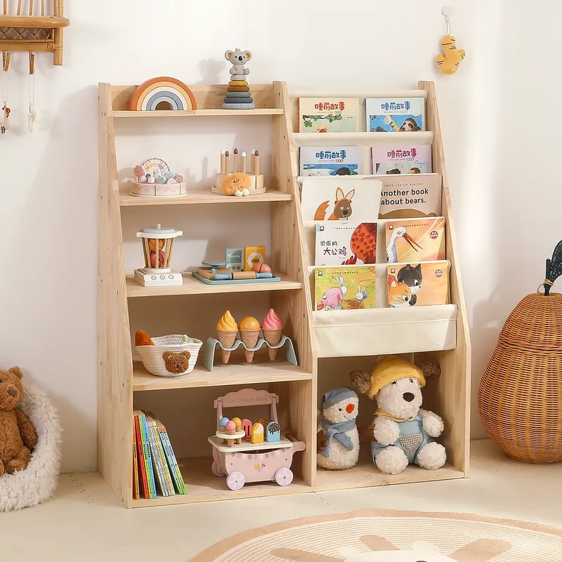 無垢材製子供用本棚おもちゃ収納ラック 2-in-1 読書オー - Baby Nursery Bookshelf のレビューと価格