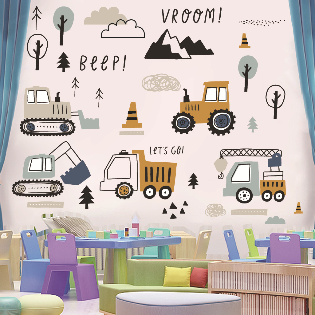 漫画ショベルエンジニアリング車の壁のステッカー自己粘着子供部 - Baby Nursery Wall Stickers のレビューと価格