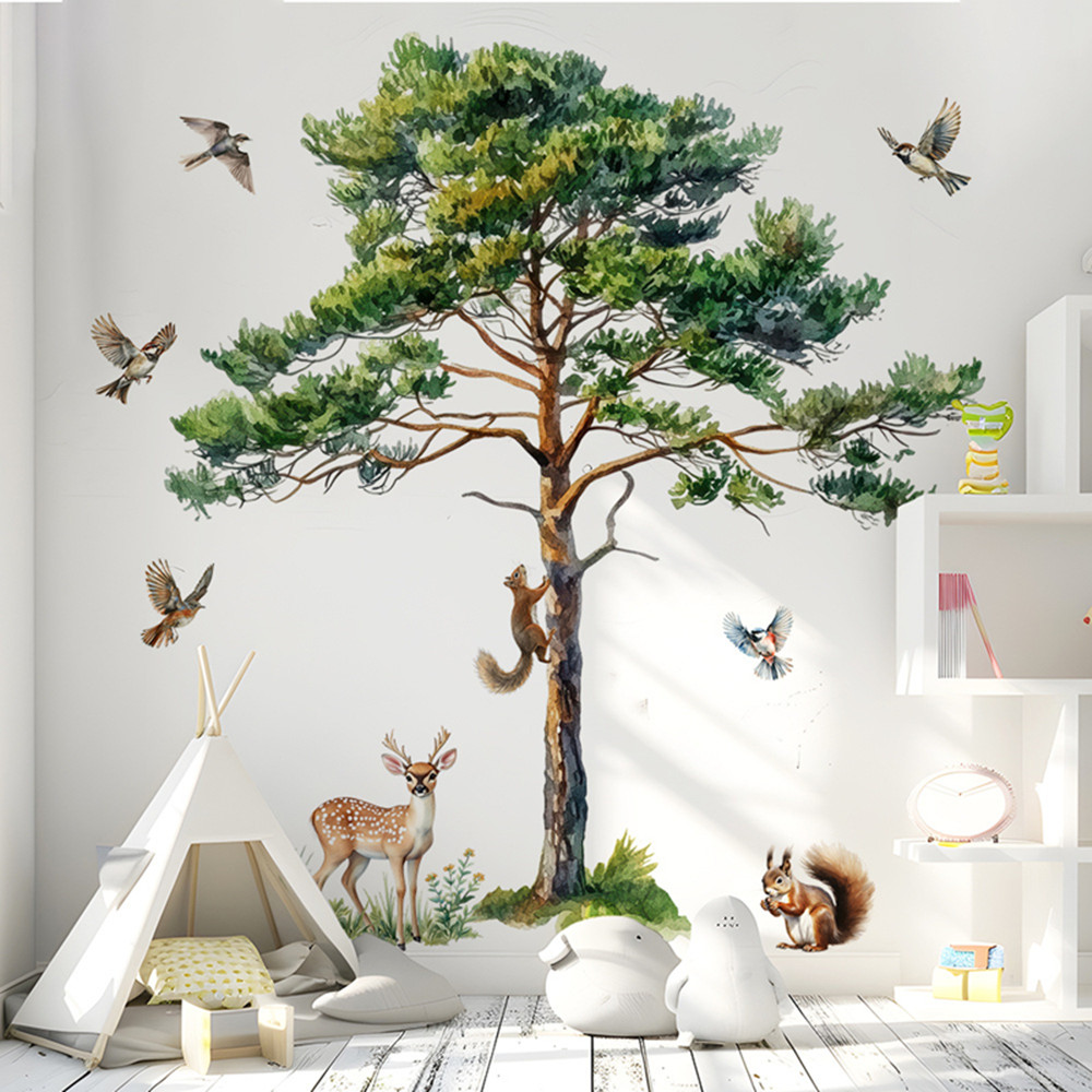 大きな松の木のウォールデカール、リス、子鹿、鳥のビニールステ - Baby Nursery Wall Stickers のレビューと価格