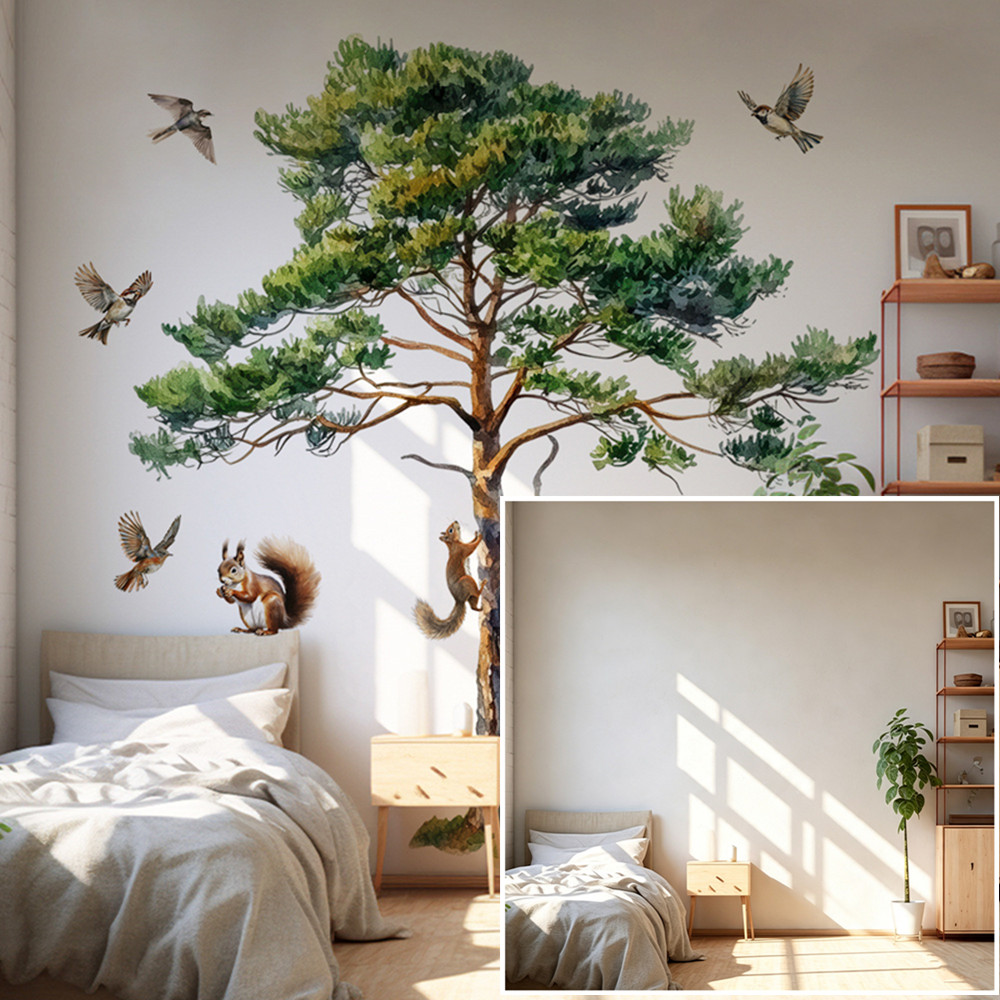 大きな松の木のウォールデカール、リス、子鹿、鳥のビニールステ - Baby Nursery Wall Stickers のレビューと価格
