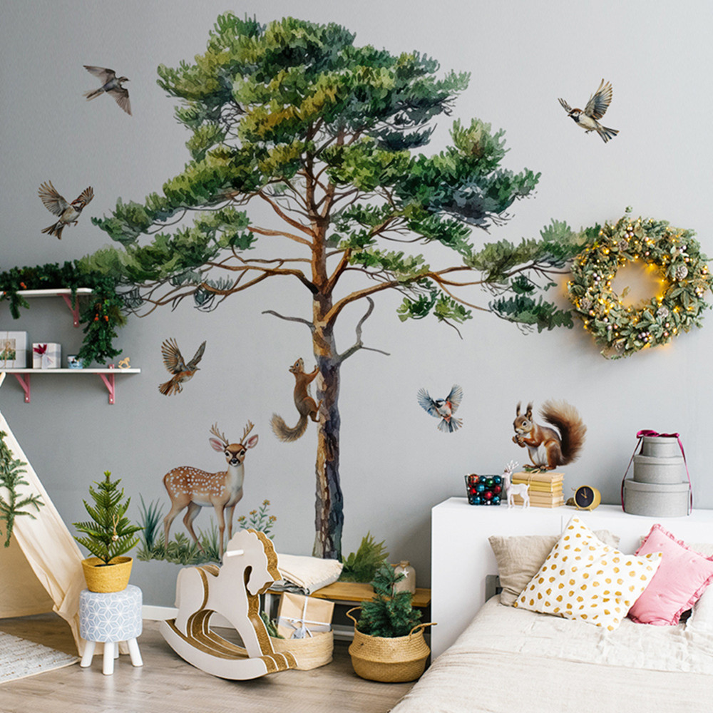 大きな松の木のウォールデカール、リス、子鹿、鳥のビニールステ - Baby Nursery Wall Stickers のレビューと価格