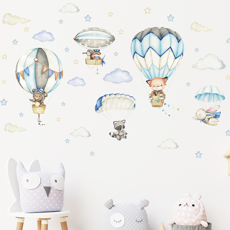 漫画かわいい動物熱気球ウォールステッカーキッズルームベビー保 - Baby Nursery Wall Stickers のレビューと価格