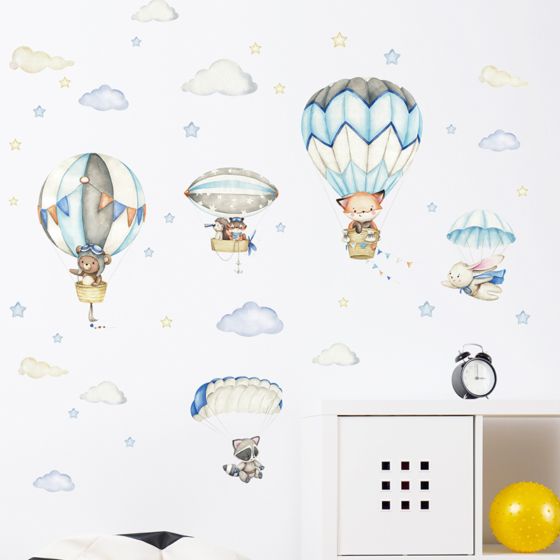 漫画かわいい動物熱気球ウォールステッカーキッズルームベビー保 - Baby Nursery Wall Stickers のレビューと価格
