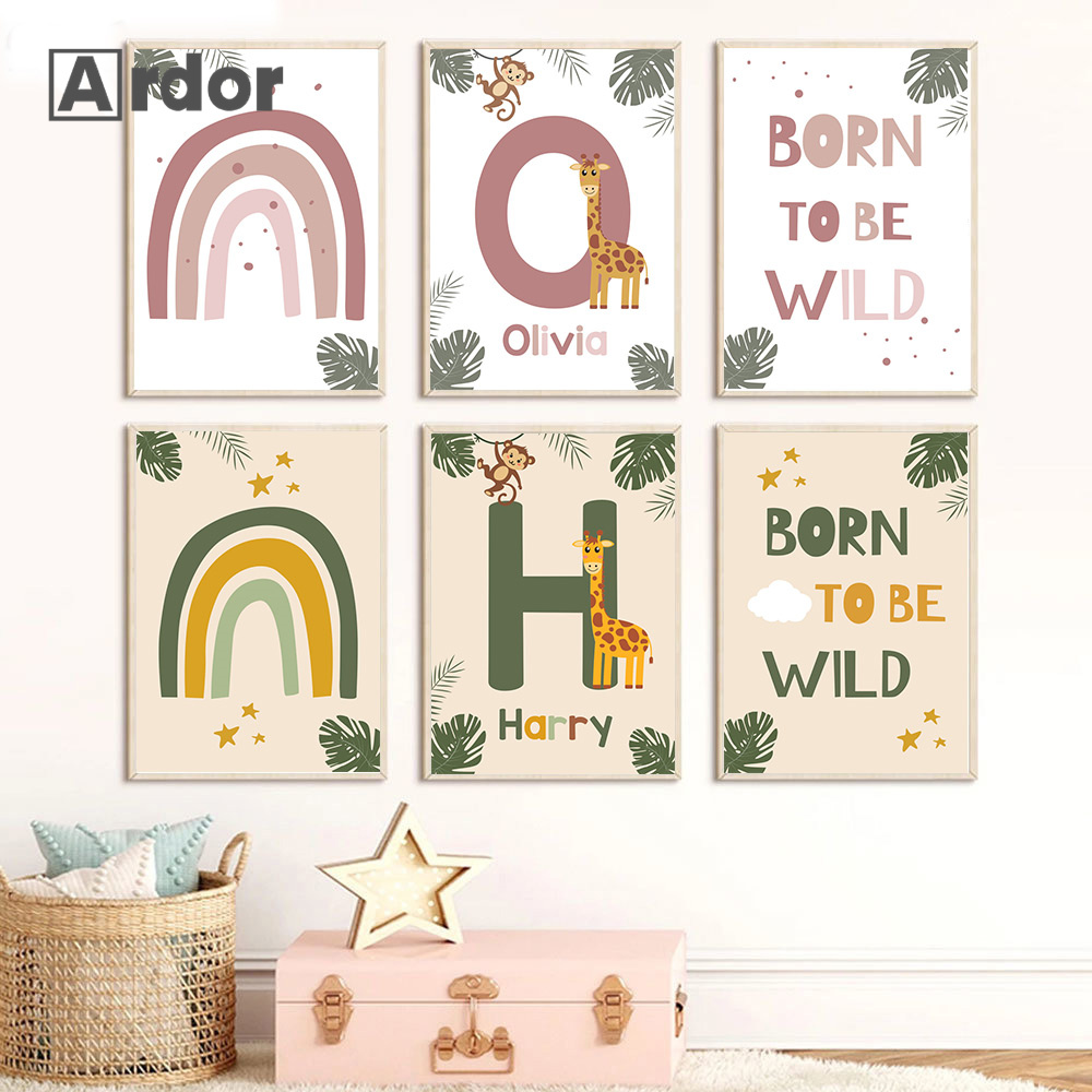 北欧ジャングル動物ポスター カスタムネーム キャンバス絵画  - Baby Nursery Jungle Animals のレビューと価格