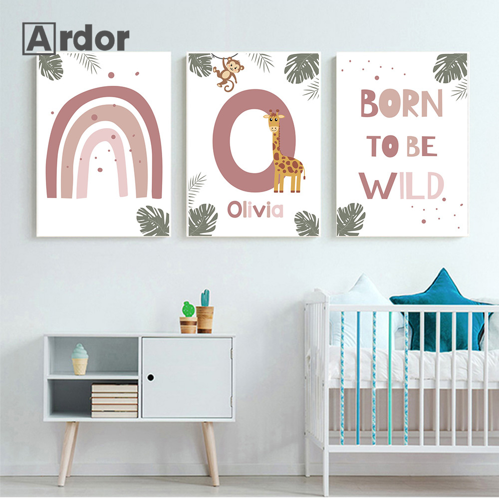 北欧ジャングル動物ポスター カスタムネーム キャンバス絵画  - Baby Nursery Jungle Animals のレビューと価格