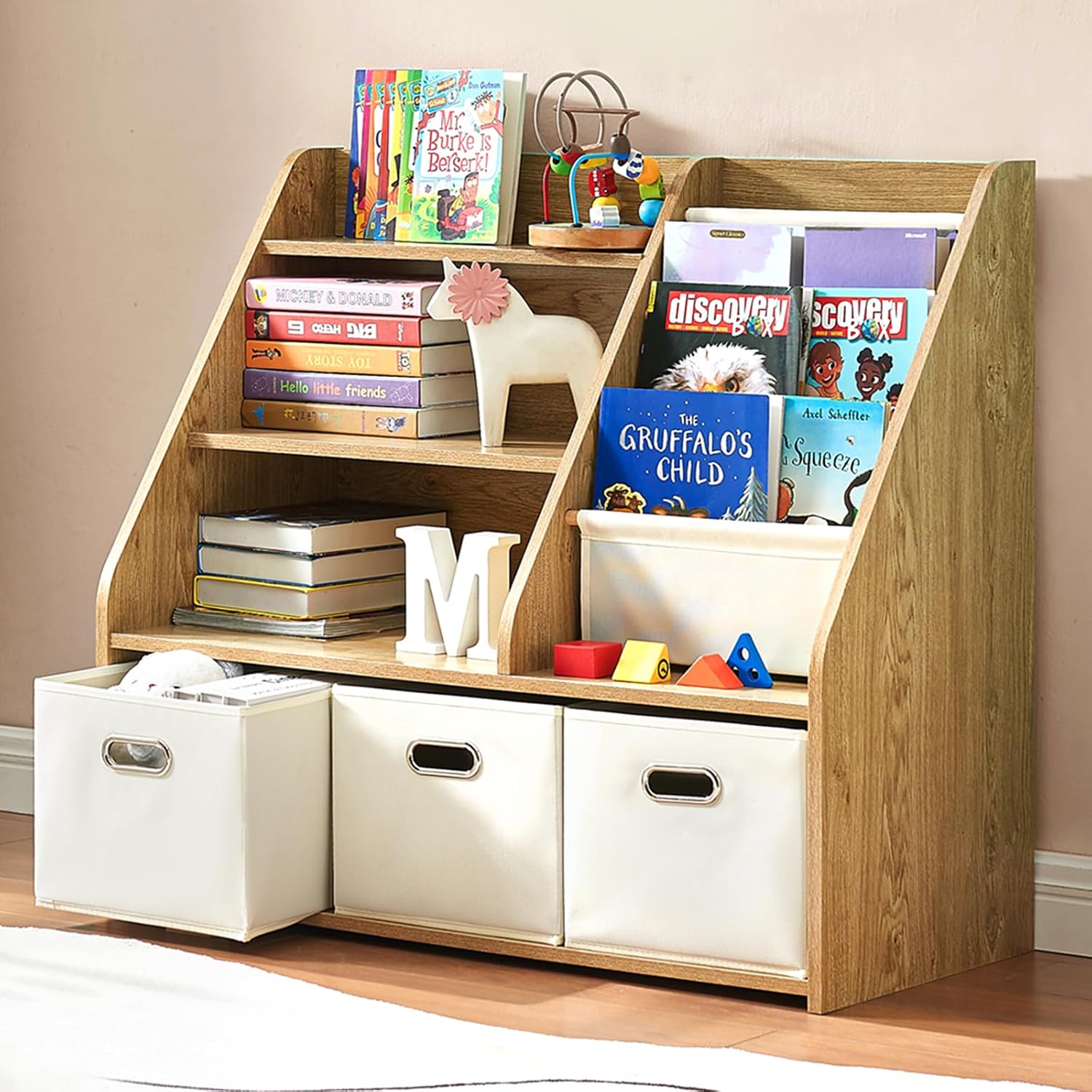 モンテッソーリ木製本棚＆おもちゃ収納、3つの布製収納箱とスリ - Baby Nursery Bookshelf のレビューと価格
