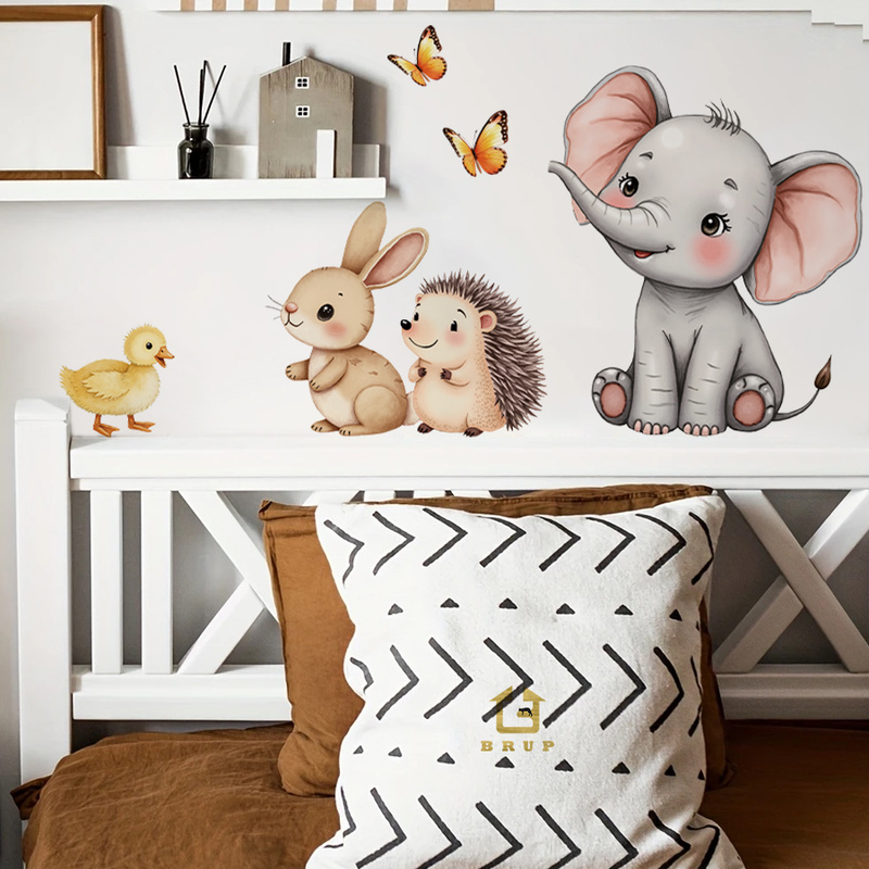 漫画の動物の壁ステッカー - 象バニーハリネズミ保育園デカー - Baby Nursery Wall Stickers のレビューと価格