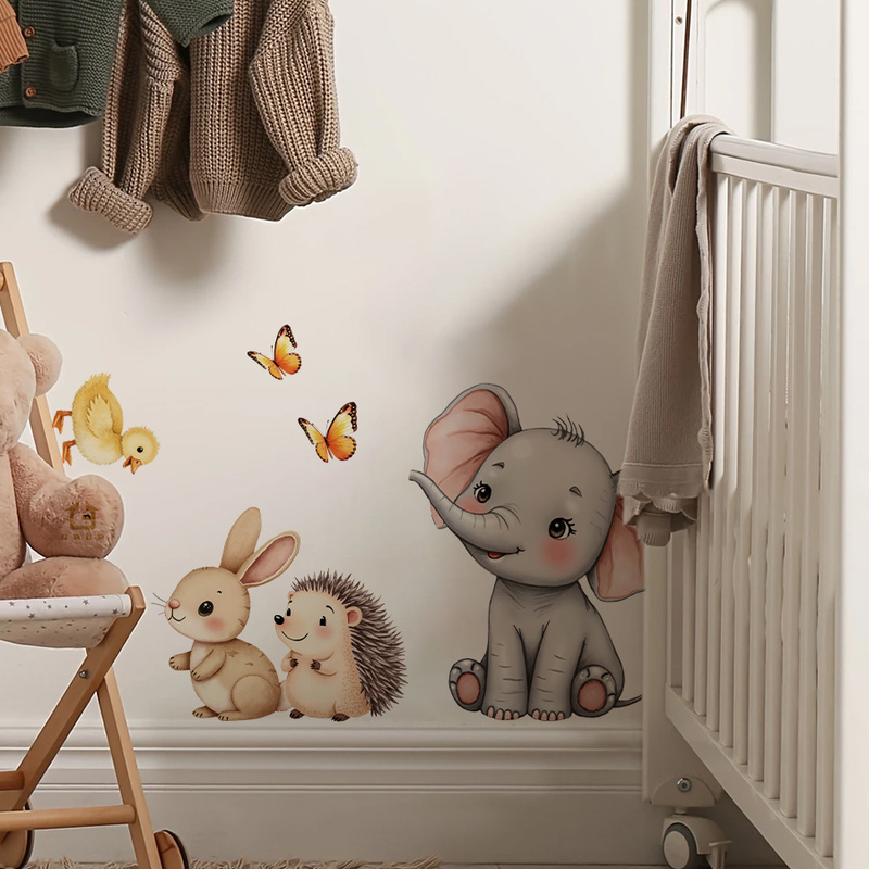漫画の動物の壁ステッカー - 象バニーハリネズミ保育園デカー - Baby Nursery Wall Stickers のレビューと価格