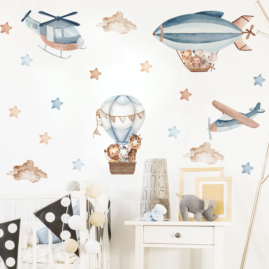 水彩動物熱気球雲ウォールステッカーキッズルームベビー保育園ル - Baby Nursery Wall Stickers のレビューと価格