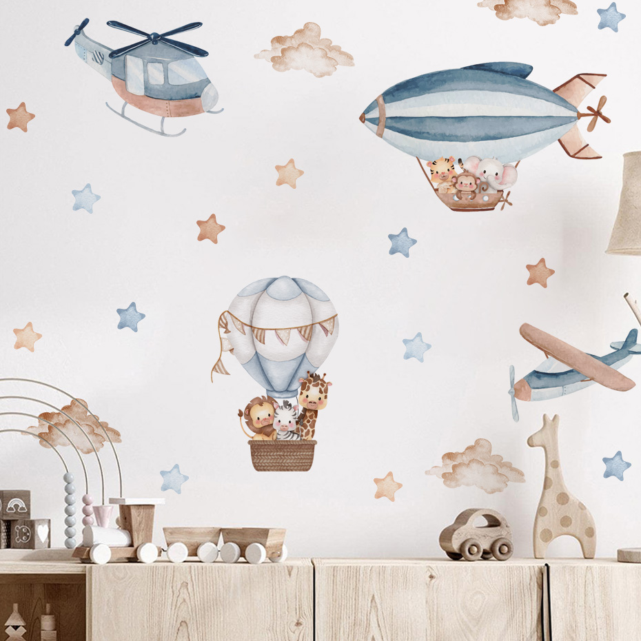 水彩動物熱気球雲ウォールステッカーキッズルームベビー保育園ル - Baby Nursery Wall Stickers のレビューと価格