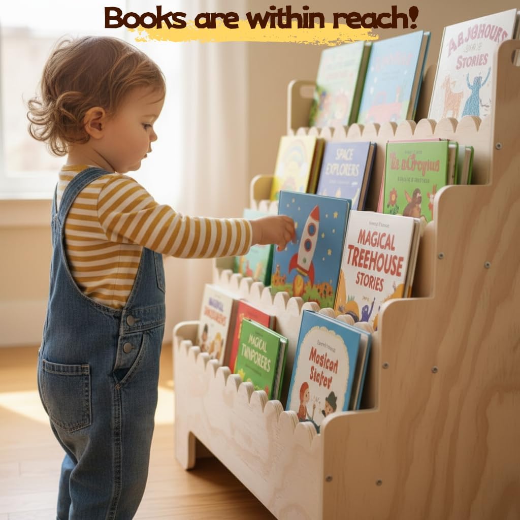 子供用4段本棚、天然木製子供用本棚、波型幼児用本棚、ベビーナ - Baby Nursery Bookshelf のレビューと価格