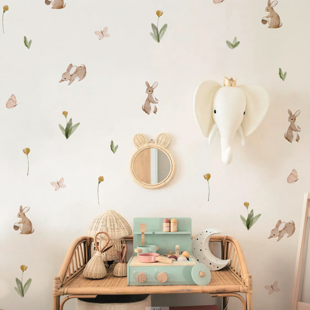 サマータイム水彩かわいいウサギと花保育園壁デカール、剥がして - Baby Nursery Wall Stickers のレビューと価格