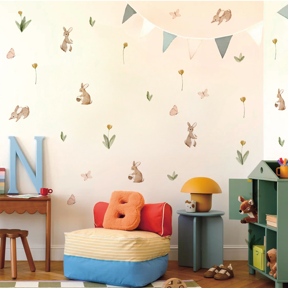 サマータイム水彩かわいいウサギと花保育園壁デカール、剥がして - Baby Nursery Wall Stickers のレビューと価格