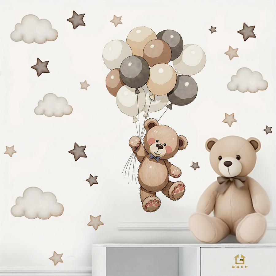 愛らしいテディベアの壁用ステッカー、風船、星、雲付きの取り外 - Baby Nursery Artwork のレビューと価格